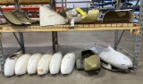 SHELVES OF PIPER COWLING & WHEEL PANTS (SOME ARE DAMAGED/DOES NOT INCLUDE RACK)