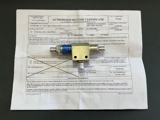 BOMBARDIER HYD SHUTTLE VALVE 7632401002-003 (MODIFIED 2022) S/N 701