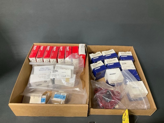 BOXES OF AMP DIE SETS, FUEL SAMPLE CUPS 856A2607G01 HOLDING FIXTURE, ETC