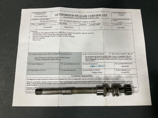 BELL 412 BLOWER SHAFT 2660-1635-01 (REFLECTS 2021 OVERHAUL)