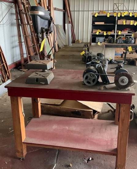 (LOT) TABLE WITH DRILL PRESS, GRINDER & VISE (TABLE IS 48"X29"X36")