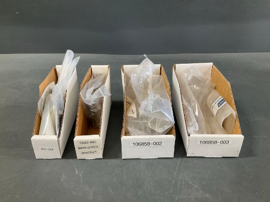 BOXES OF NEW PIPER BRACKETS & USED FUEL CAP COVERS 106858-003, 106858-002, 13522-001, ETC