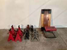 (LOT) BOTTLE JACKS, JACK STANDS & CREEPERS