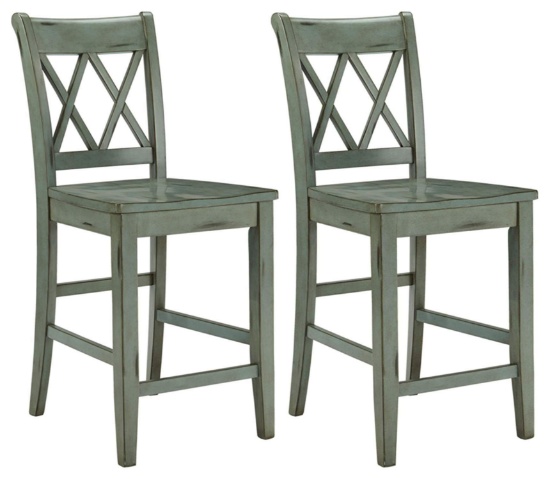 Ashley Furniture Bar Stool - Counter Height - Vintage Casual Style - Set Of 2 - Blue/green