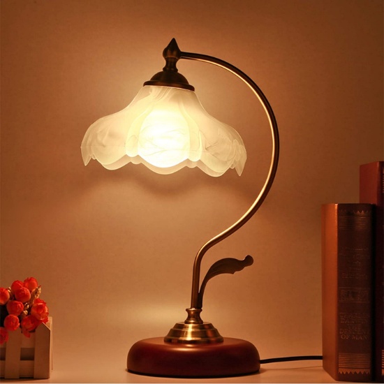 Vintage Desk Lamp, Handmade Retro Wooden Base, Exquisite Milk White Mangnolia Bloom Shape