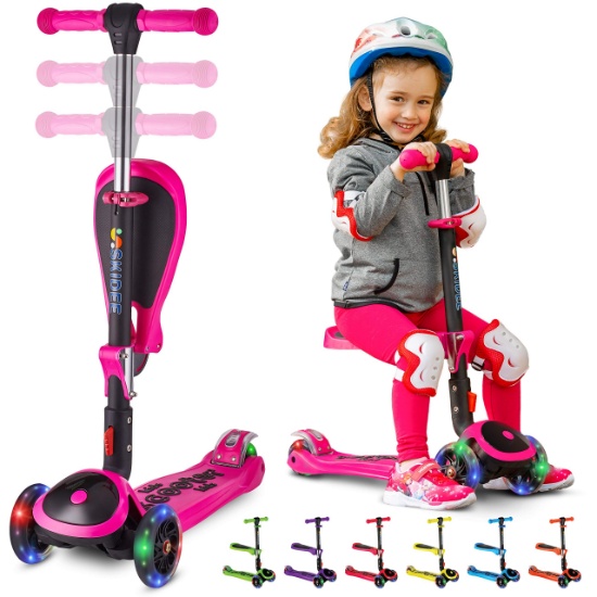 S SKIDEE Scooter for Kids with Foldable and Removable Seat â€“ Adjustable Height, 3 LED Light Wheels