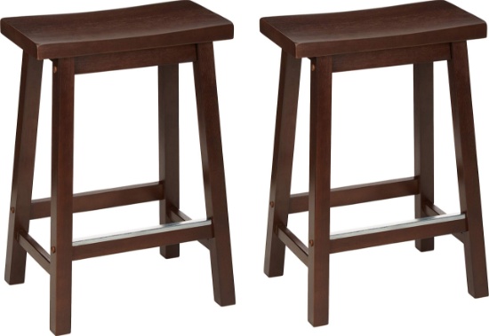 Solid Wood Saddle-Seat Kitchen Counter Stool with Foot Plate 24 Inch, Walnut, Set of 2