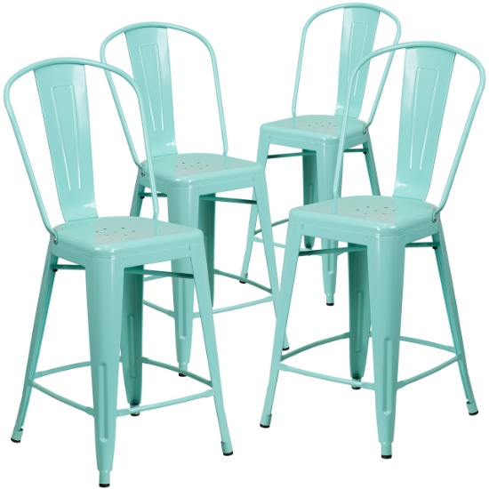 Flash Furniture 4 Pk. 24'' High Mint Green Metal Indoor-Outdoor Counter Height Stool with Back