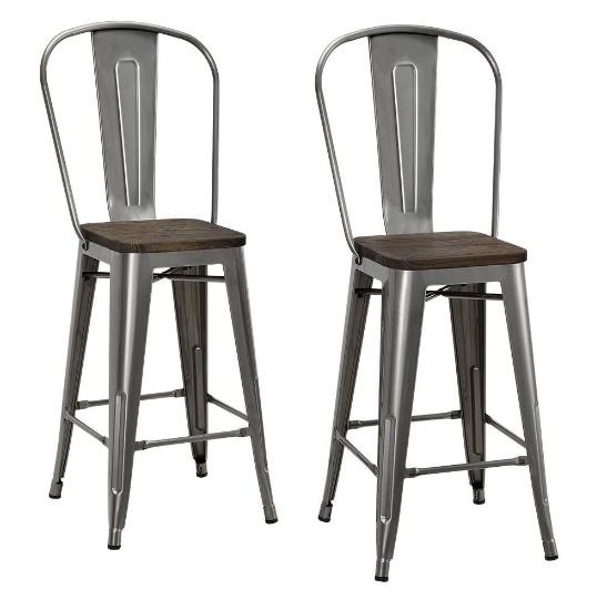 DHP Luxor Metal Counter Stool with Wood Seat and Backrest, Set of two, 24", Antique Gun Metal