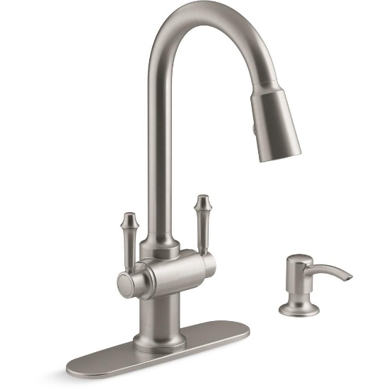 KOHLER Thierry Two Handle Pull-Down Sprayer Kitchen Faucet with Soap Dispenser in Vibrant Stainless