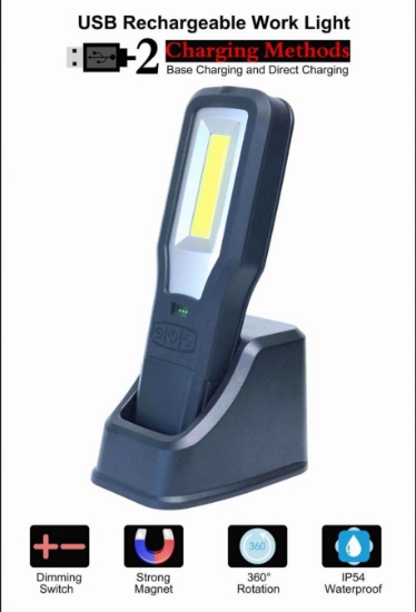 USB Rechargeable Work Light with Base Charging and Direct Charging