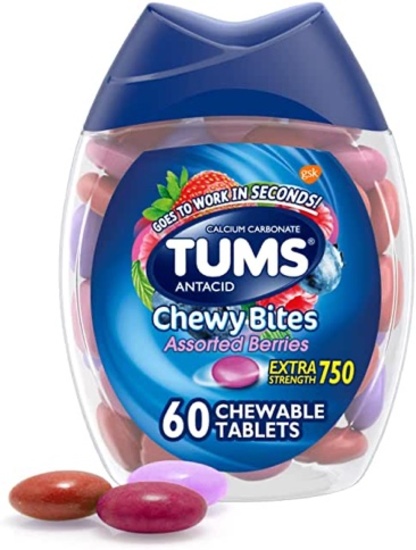 TUMS Chewy Bites Antacid Tablets, Assorted Berries - 60 Count