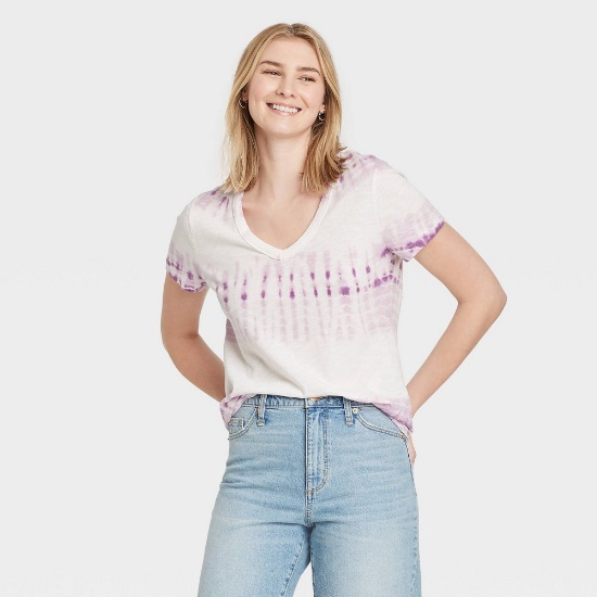 Universal Thread Women's Tie-Dye Short Sleeve V-Neck T-Shirt - Purple/White S