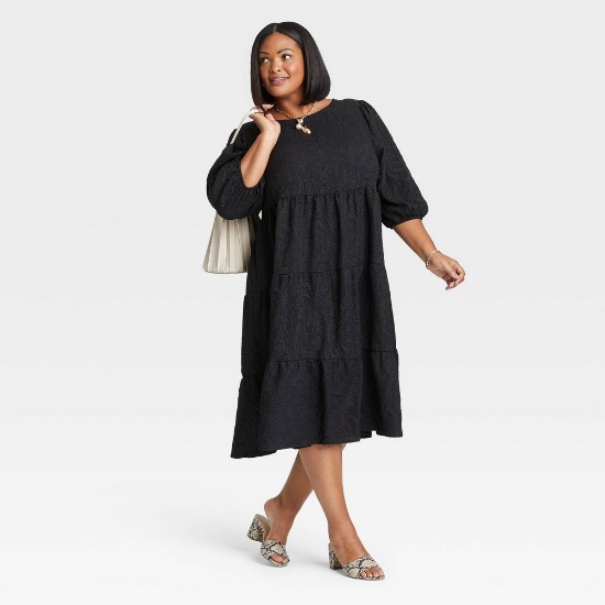 Size X-Large (16W/18W) Women's Plus Size Puff 3/4 Sleeve Tiered Dress By Ava & Viv, Black