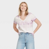 Universal Thread Women's Tie-Dye Short Sleeve V-Neck T-Shirt - Purple/White S