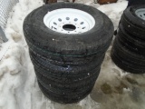 (4) Unused 235-80R16 8 Lug Trailer Tires & Rims, 1 White Rim, 3 Grey