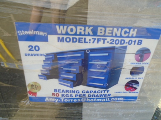 New 7' 20 Drawer Work Bench, Blue In Color