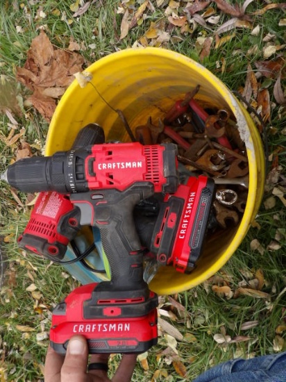 Bucket Of Craftsman Cordless Drills & Hand Tools
