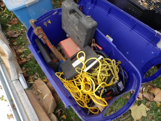 Tote Full Of Tools, Pipe Wrenches, Sander, Lights & Much More