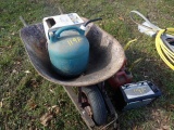 Wheel Barrow w/ Gas Cans, Roll Of Wire, Toaster Oven