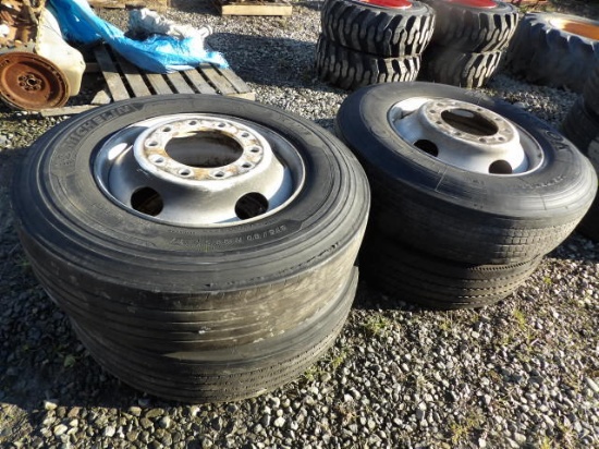 (4) 275/80R22.5 & 295/75R22.5 Truck Tires On Steel Rims