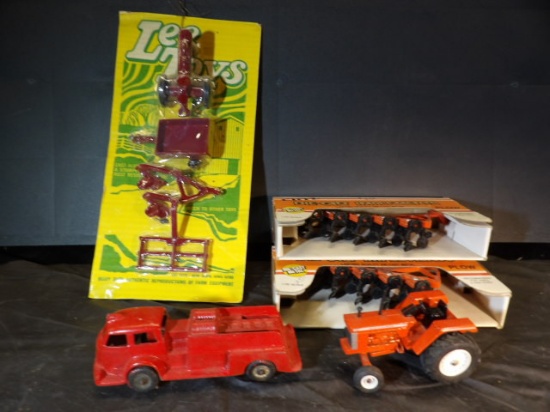 Lee Toys Farm Set NOS, (2) ERTL 1/32 Plows, 1/32 AC D21, Hubley Fire Truck