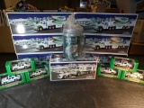 (6) 2002 & 2008 Hess Trucks & Airplane, (6) Hess Mineatures & Super Cooler