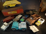 Large Box Of Vintage Press Steel Trucks & Farm Implements, Tonka Jeep & Hor