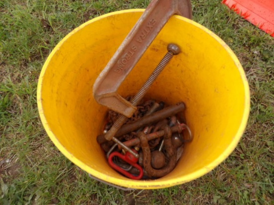 Yellow Pail Of Hitch Pins, Clevises, Trailer Balls