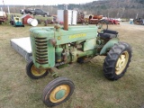 John Deere M Antique Tractor, Wheel Weights, Good Rear Rubber, Belt Pulley,
