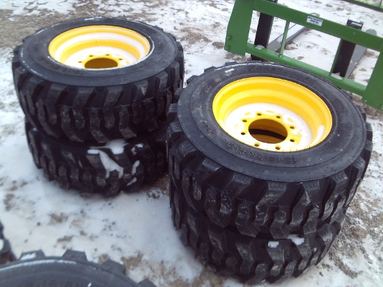 (4) New Forerunner 12-16.5 SSL Tires Mounted On 8 Bolt Rims, 14 Ply
