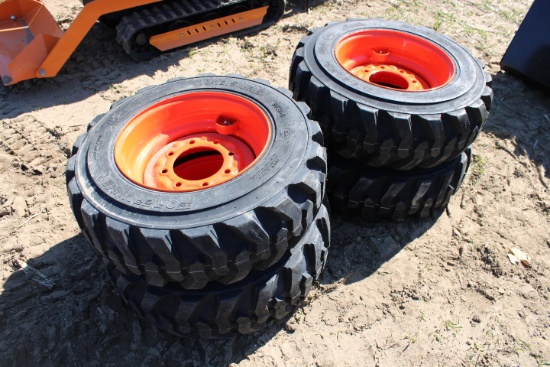 Set Of 4 New 10-16.5 SSL Tires On Bobcat Orange Rims