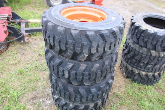 Set Of 4 New 12-16.5 Skid Steer Tires On Bobcat Orange 8 Bolt Rims