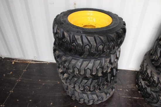 Set Of 4 New 10-16.5 Skid Steer Tires On Yellow 8 Bolt Rims