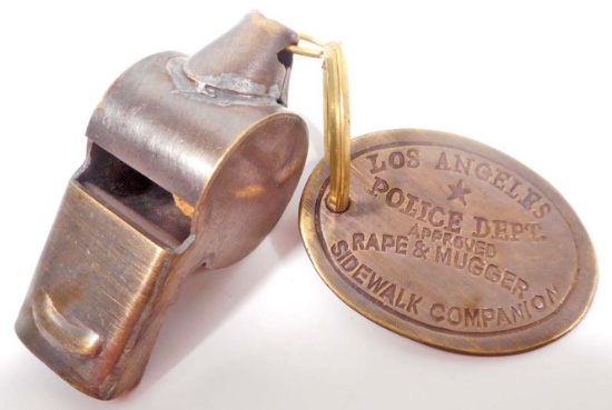 LAPD RAPE AND MUGGER BRASS WHISTLE W/ TAG