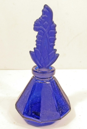 COBALT BLUE GLASS DIAMOND SHAPED PERFUME BOTTLE W/ STOPPER