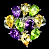 STERLING SILVER AMETHYST, CITRINE & PERIDOT RING - SIZE 6.75
