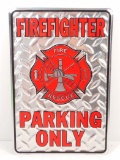 FIREFIGHTER PARKING ONLY EMBOSSED METAL SIGN