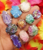 HUGE LOT OF 10 DRUZY GEODE AND QUARTZ STERLING SILVER OVERLAY RINGS