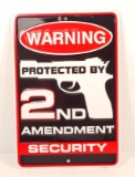 PROTECTED BY 2ND AMENDMENT SECURITY FUNNY EMBOSSED METAL SIGN