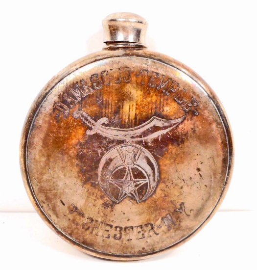 VINTAGE DAMASCUS TEMPLE ROCHESTER NY ENGRAVED FLASK