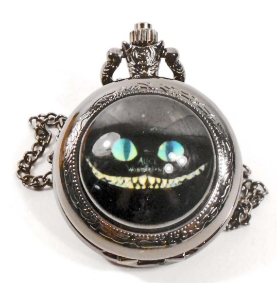 CHESHIRE CAT ALICE IN WONDERLAND POCKET WATCH W/ CHAIN