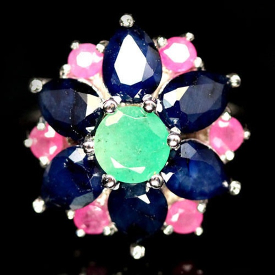 STERLING SILVER EMERALD, SAPPHIRE & RUBY RING - SZ. 7.5