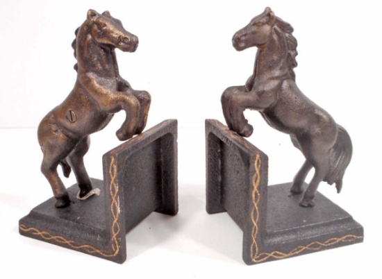 PAIR OF CAST IRON BLACK STALLION HORSES BOOKENDS