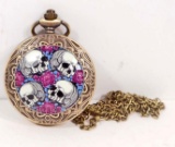 SKULLS AND ROSES POCKET WATCH W/ CHAIN