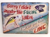 ON THE OTHER LINE FISHING FUNNY EMBOSSED METAL SIGN