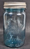 VINTAGE BLUE GLASS BALL JAR W/ METAL LID