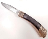 VINTAGE ORNATE FOLDING KNIFE W/ DAMASCUS STYLE BLADE