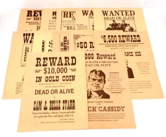 LOT OF 12 COLLECTIBLE OLD WEST WANTED REWARD POSTERS