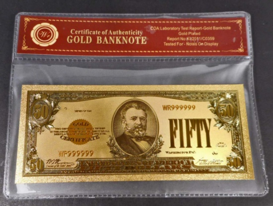 COLLECTIBLE FIFTY DOLLAR GOLD BANKNOTE W/ COA